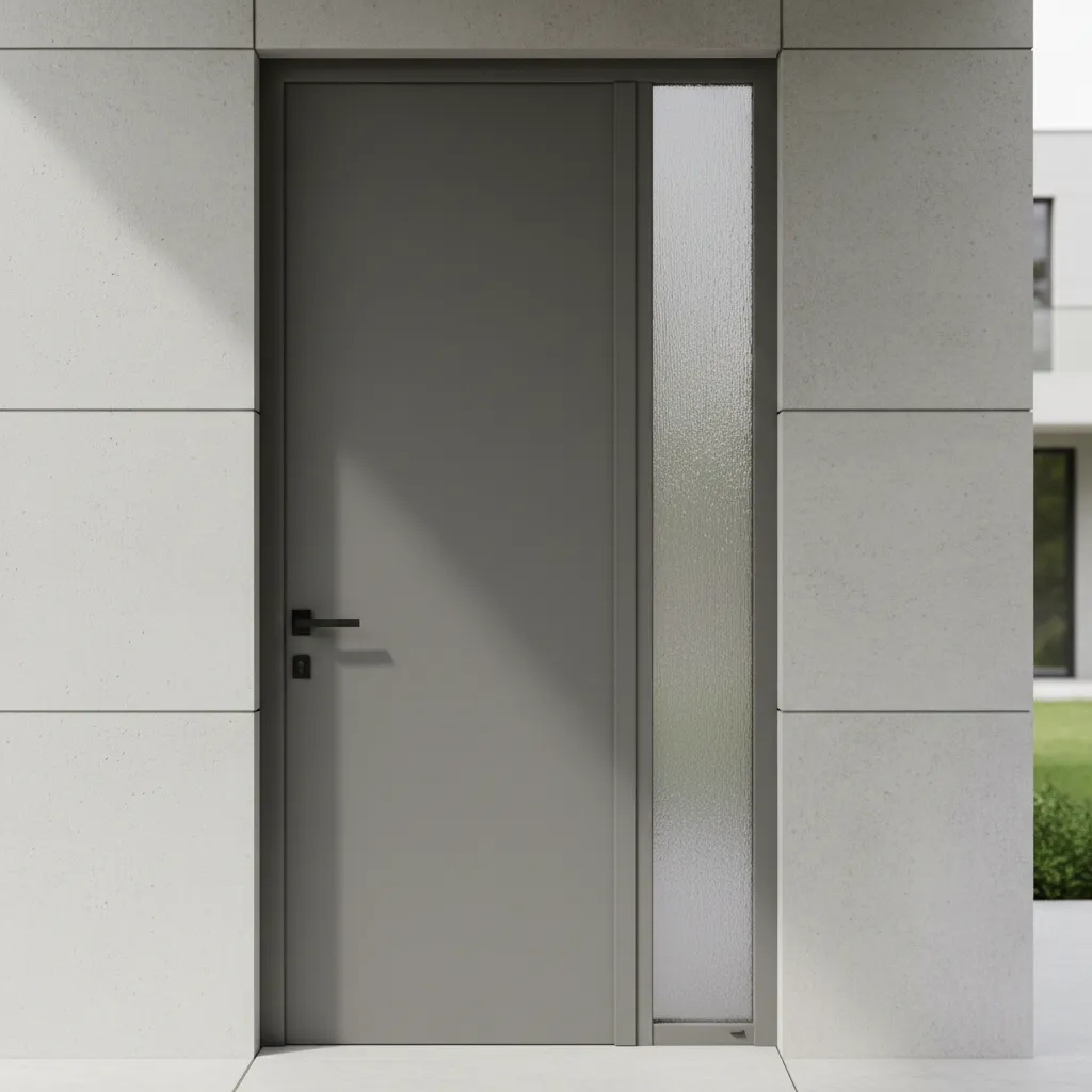 Detalle de puerta de PVC con panel de vidrio vertical