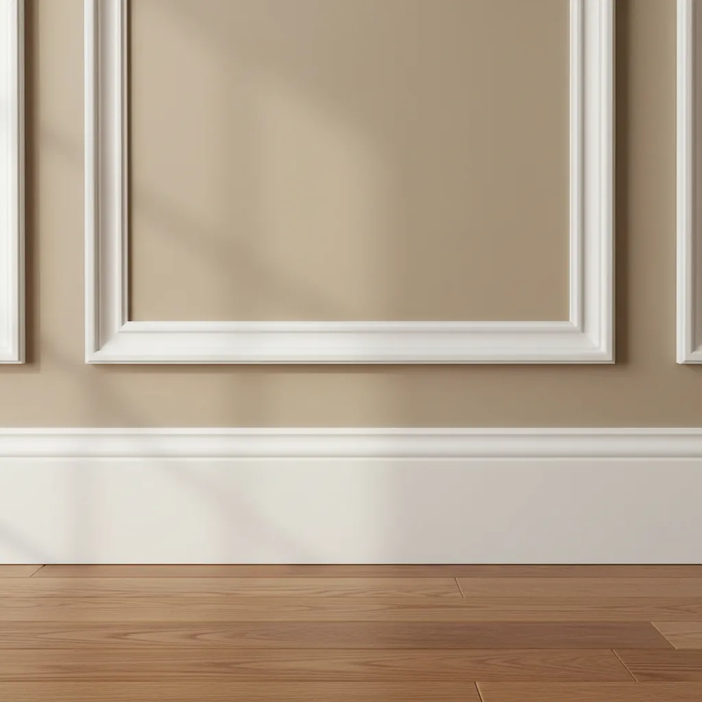 Close up of a tan wall with white wall panel molding, baseboard, and wood floor