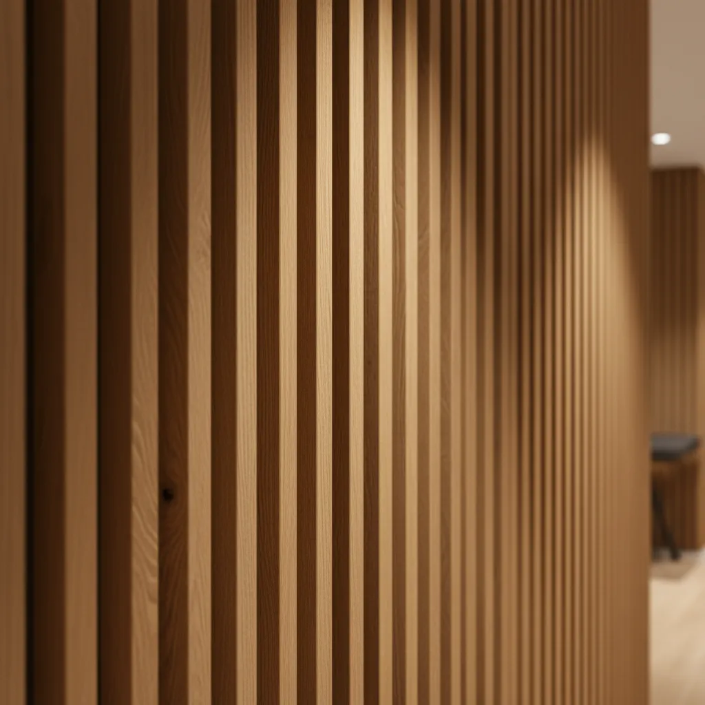 Detalle de separación entre listones de madera decorativos