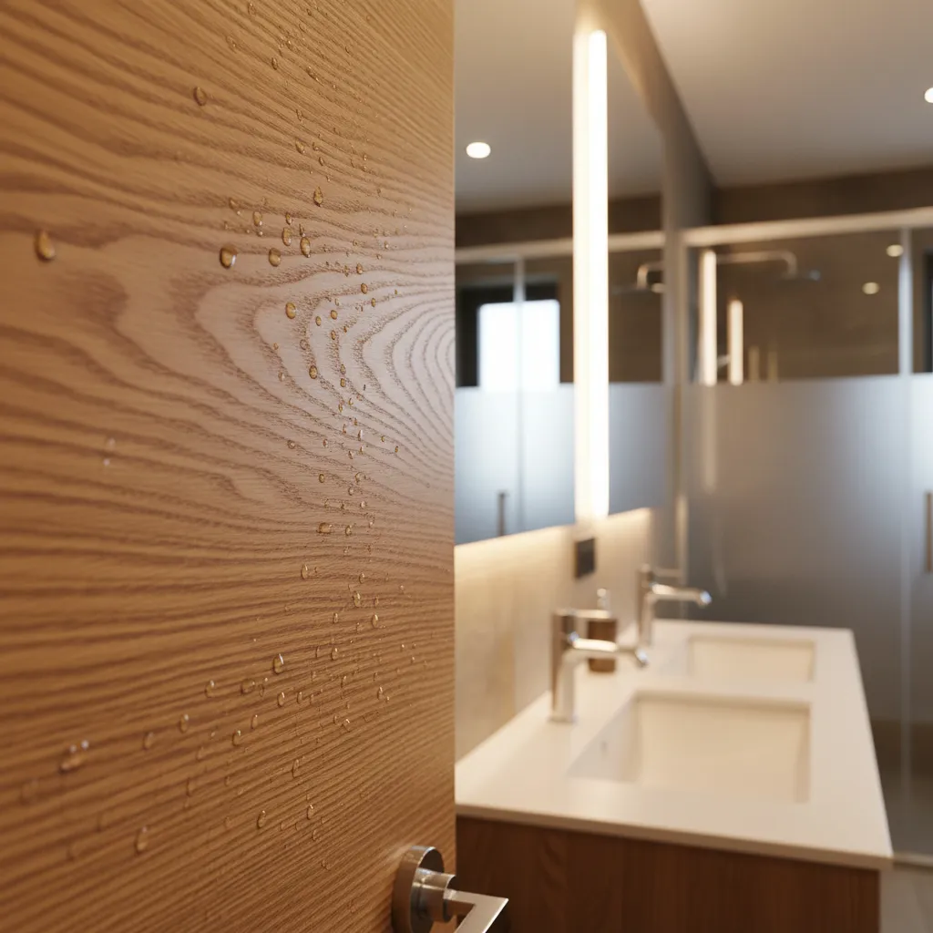 Detalle de textura de madera tratada en un baño moderno