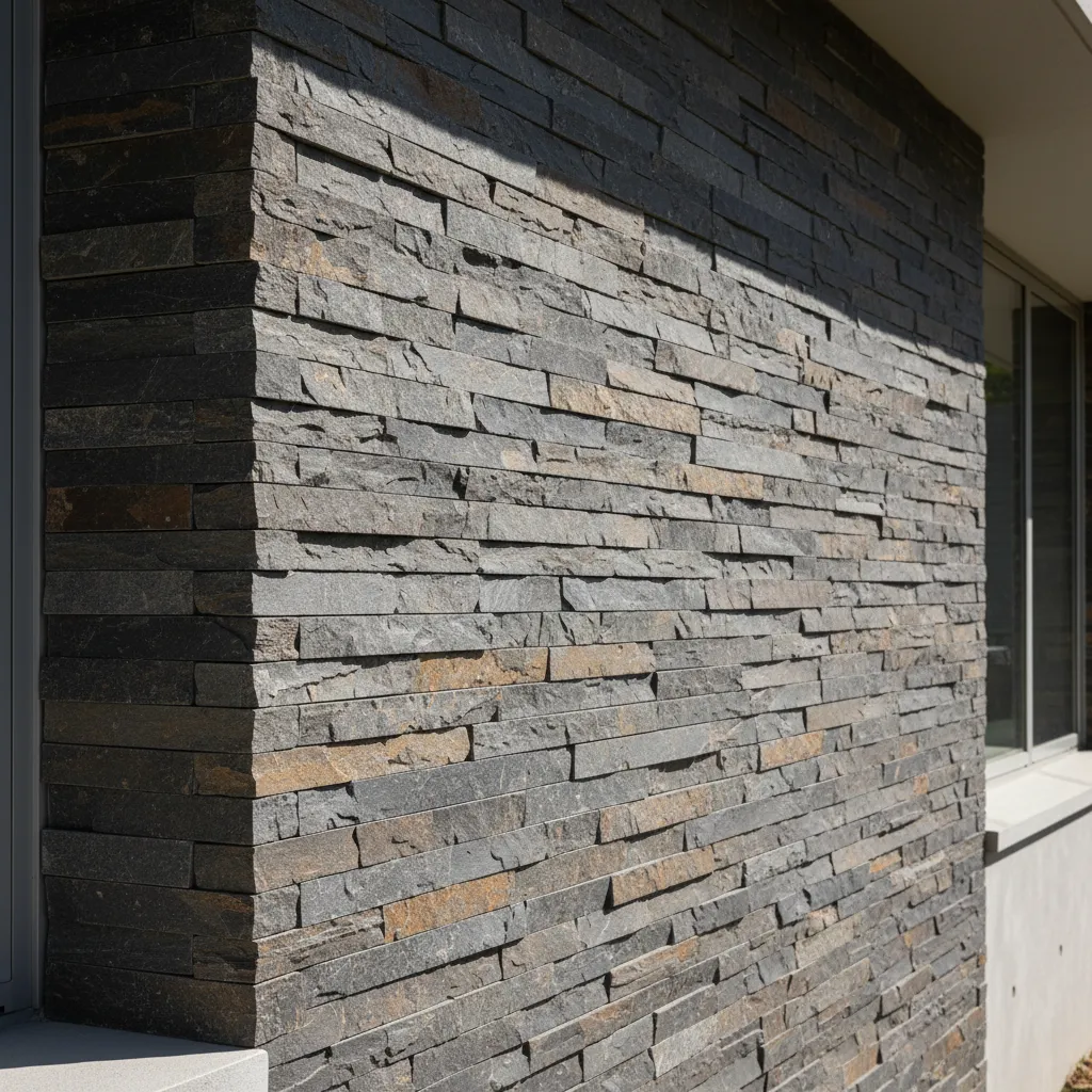 Detalle de textura de piedra laja instalada en fachada exterior