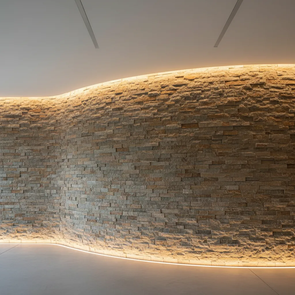 Detalle de muro de piedra natural en interior moderno