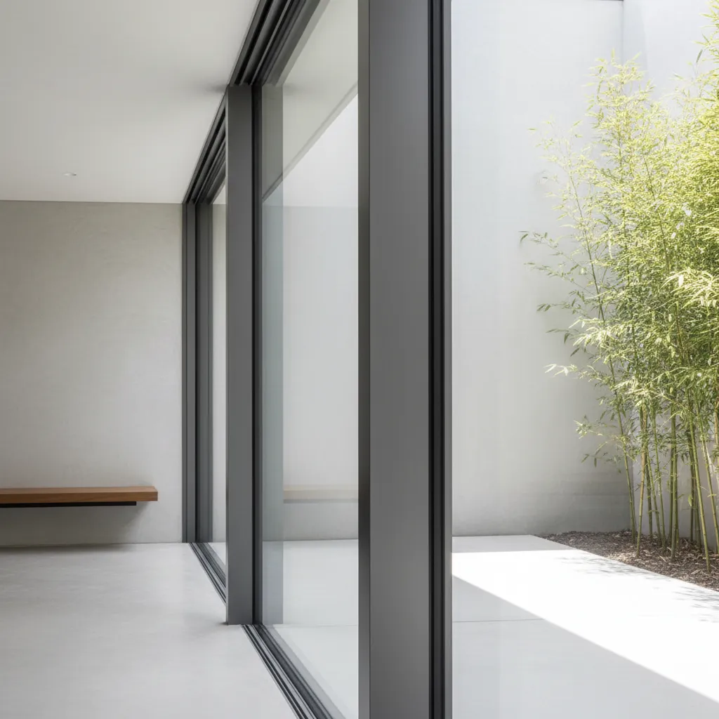 Detalle de ventana grande con marco minimalista de aluminio