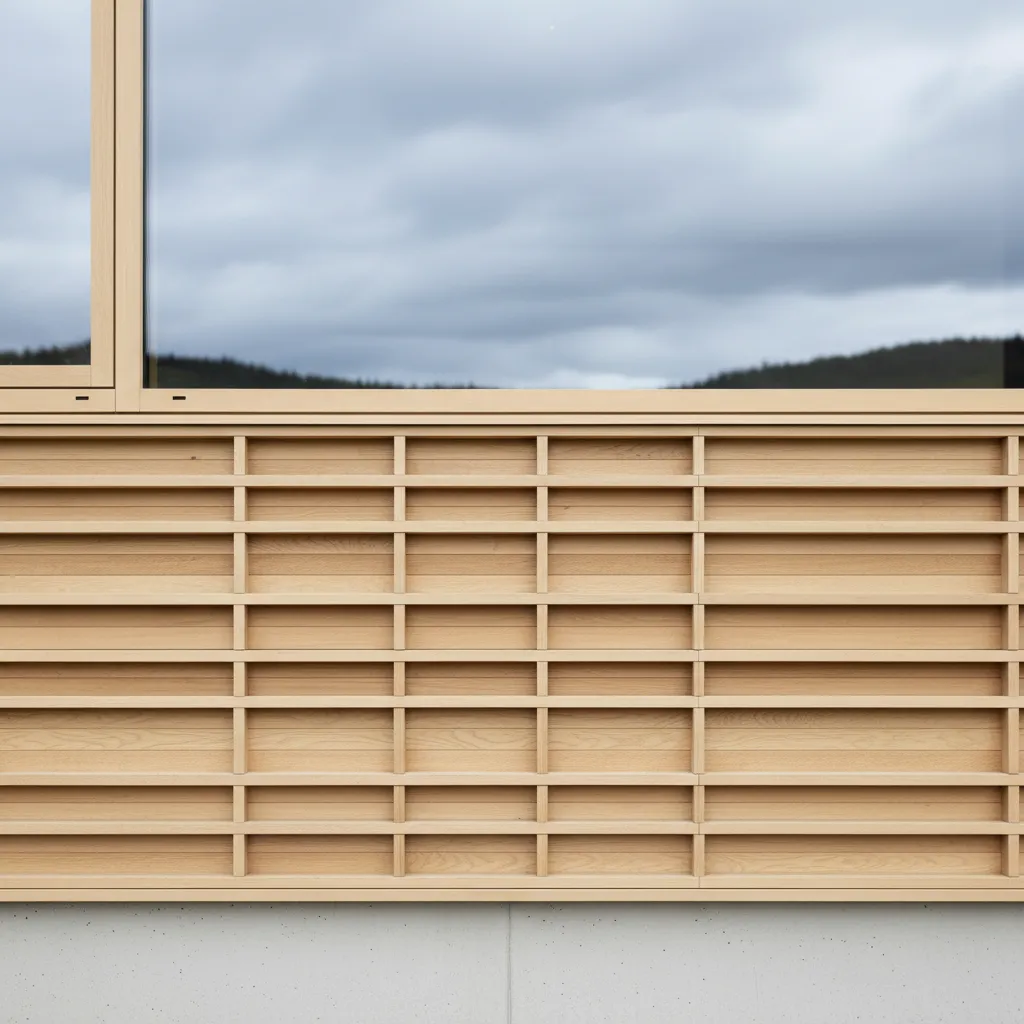 Close up of light wood wall panel below a large glass window with cloudy sky
