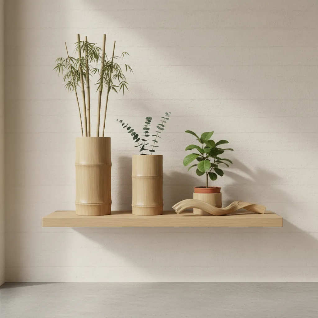 Three bamboo plant pots sitting on a wooden wall shelf with green leaves and minimalist decor