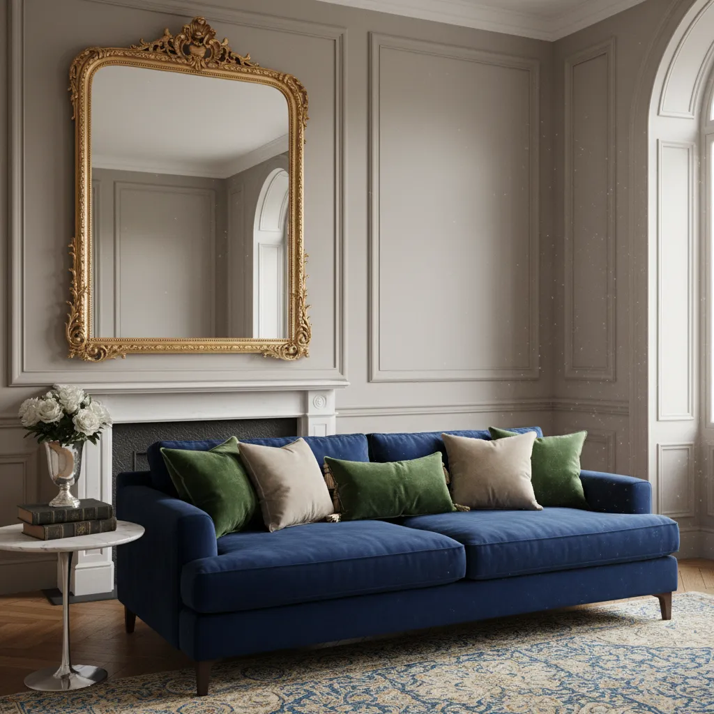 Decoración clásica elegante con espejo y textiles refinados