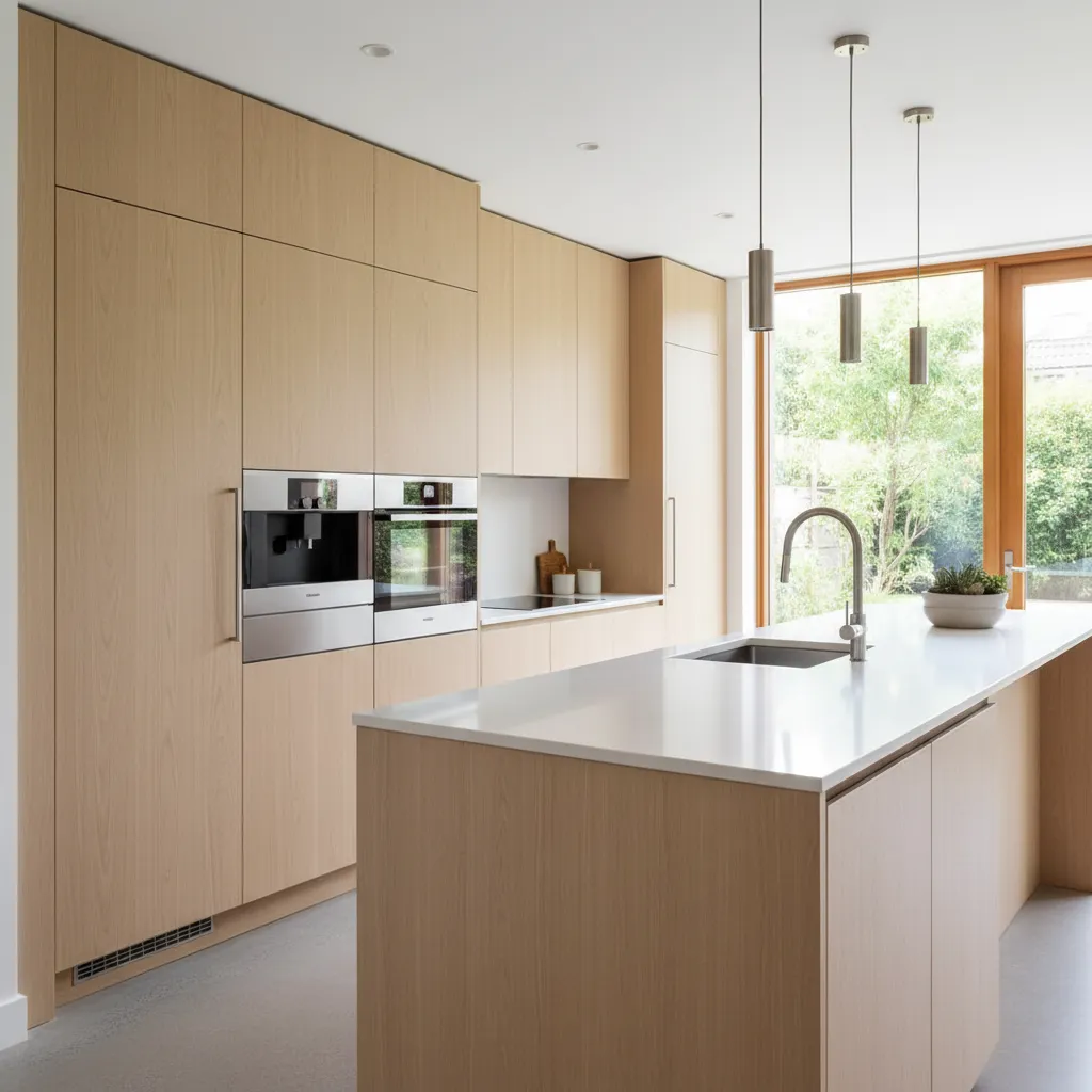 Cocina moderna con electrodomésticos integrados y diseño limpio