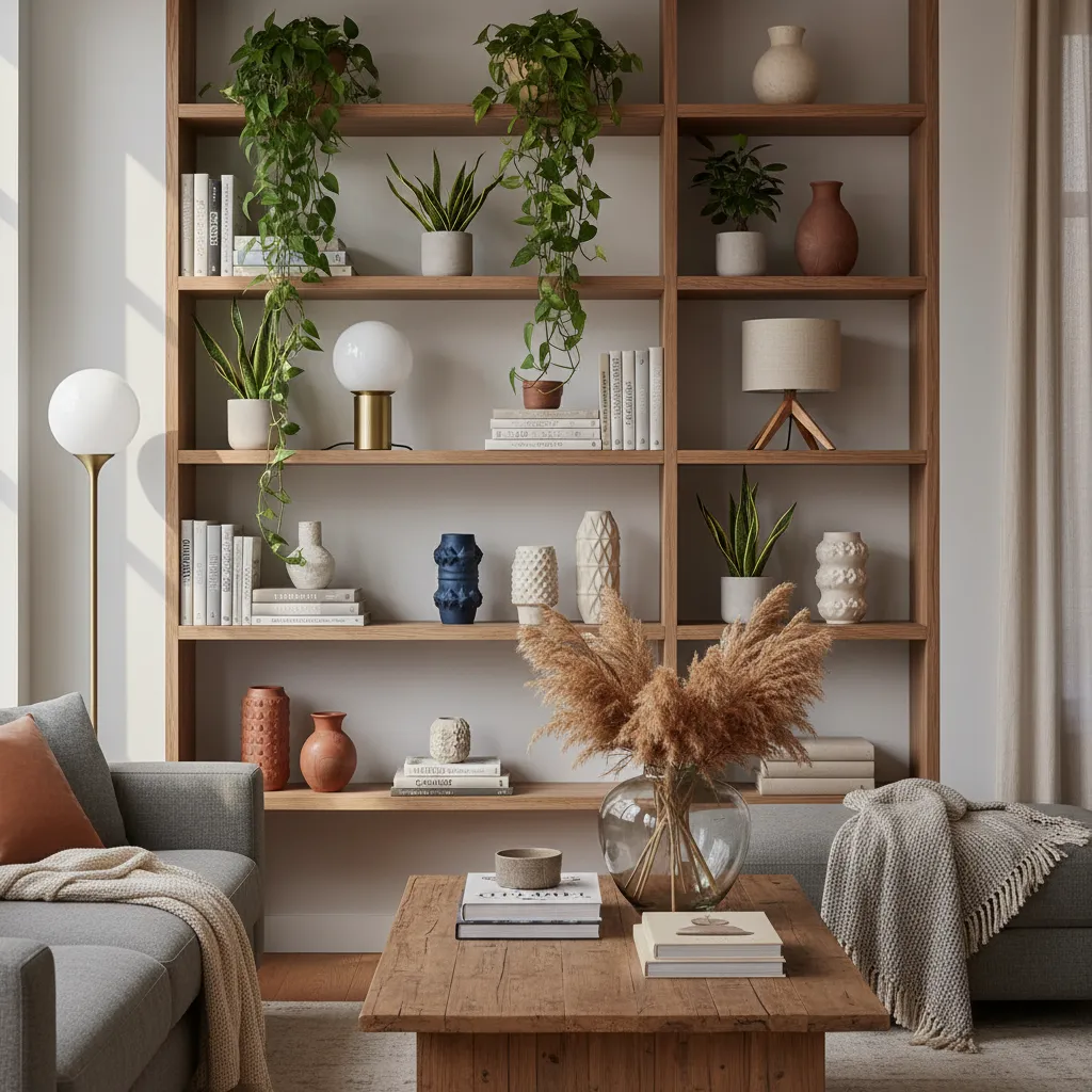 Wooden bookshelves with green plants vases books and wooden coffee table with dried pampas grass