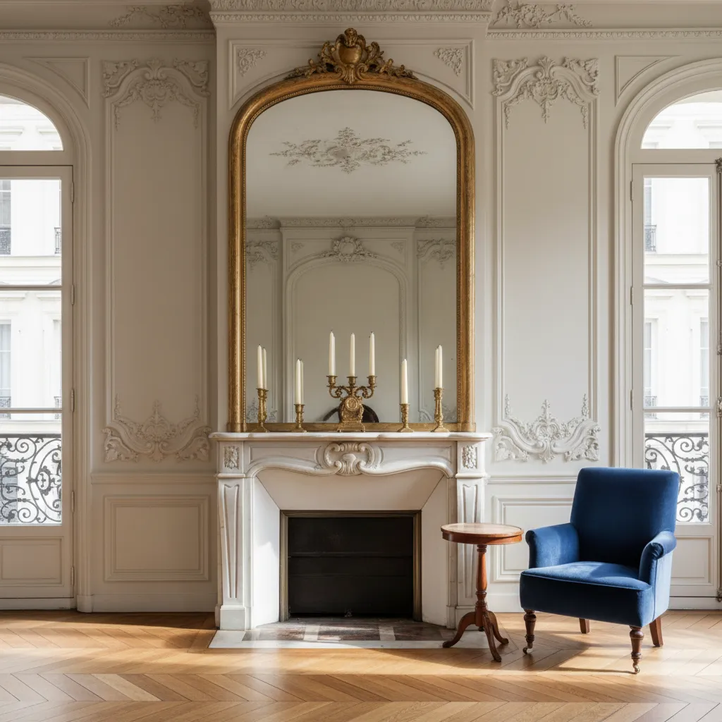 White living room with fireplace large gold mirror blue armchair small table and wood flooring