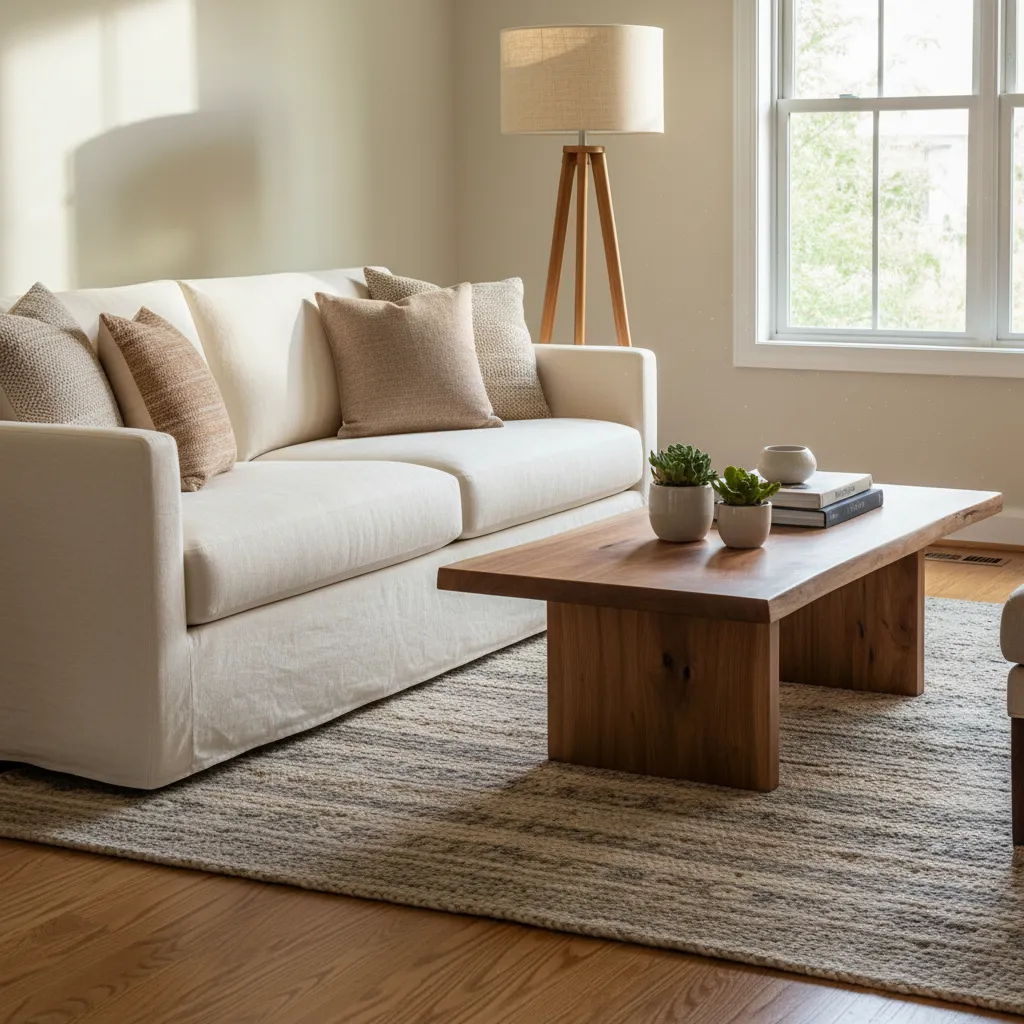 Detalle de salón con lámpara, sofá y alfombra bien proporcionados