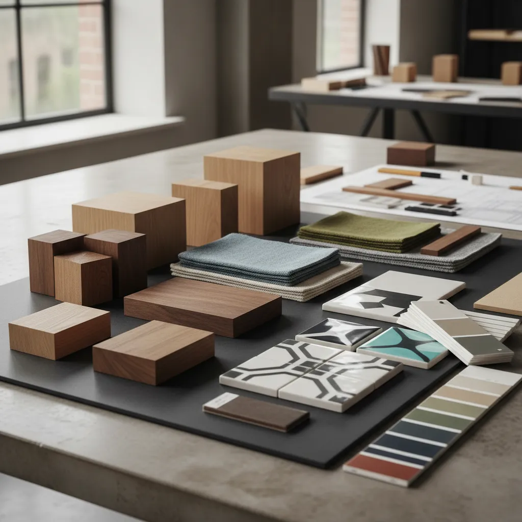 Muestras de madera, telas y acabados usadas en un proyecto interior