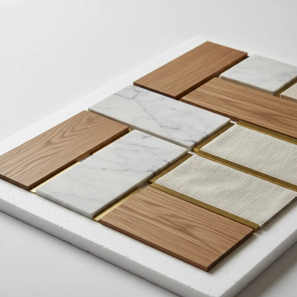 Detalle de materiales de interiorismo como madera, piedra y textiles en un proyecto de decoración
