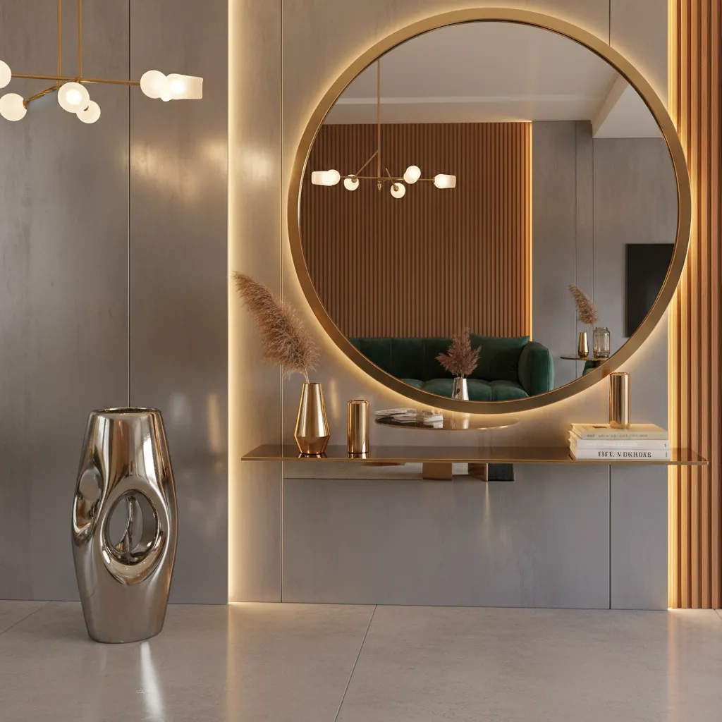 Detalles decorativos de latón y metal pulido en interior moderno