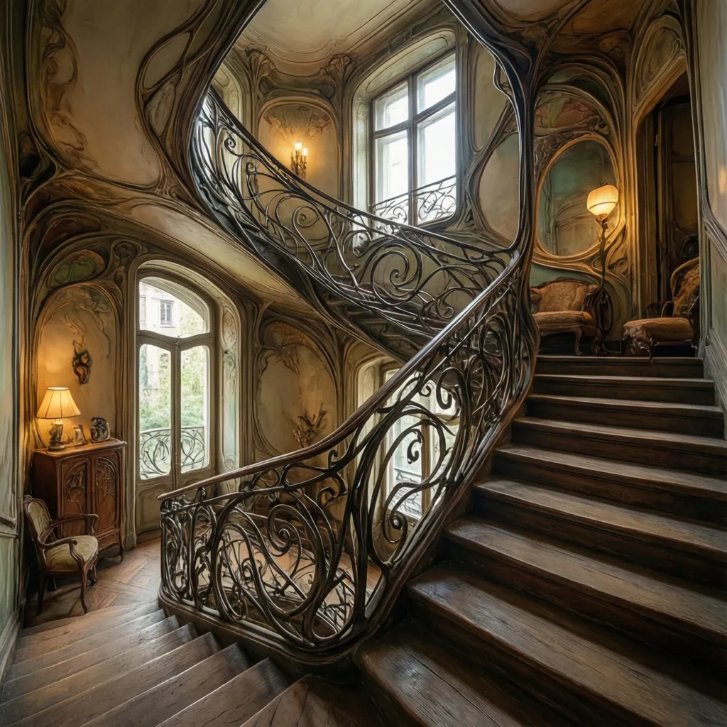 Wooden staircase with decorative metal railings, wall panels, windows, small chair and a vintage cabinet