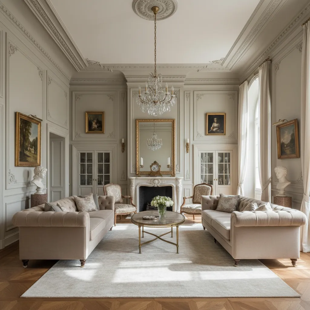 Elegant living room with beige sofas fireplace mirror wall panel designs and crystal ceiling light