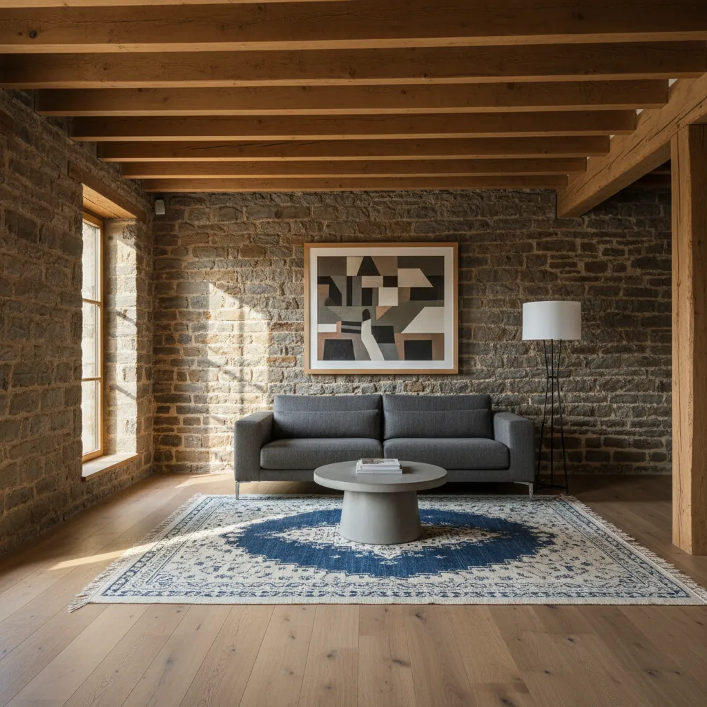 Vigas de madera y muro de piedra restaurados en una casa rural