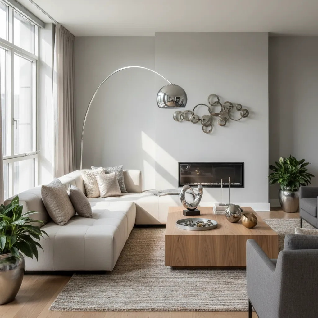 Salón contemporáneo con lámpara plateada y pequeños acentos metálicos