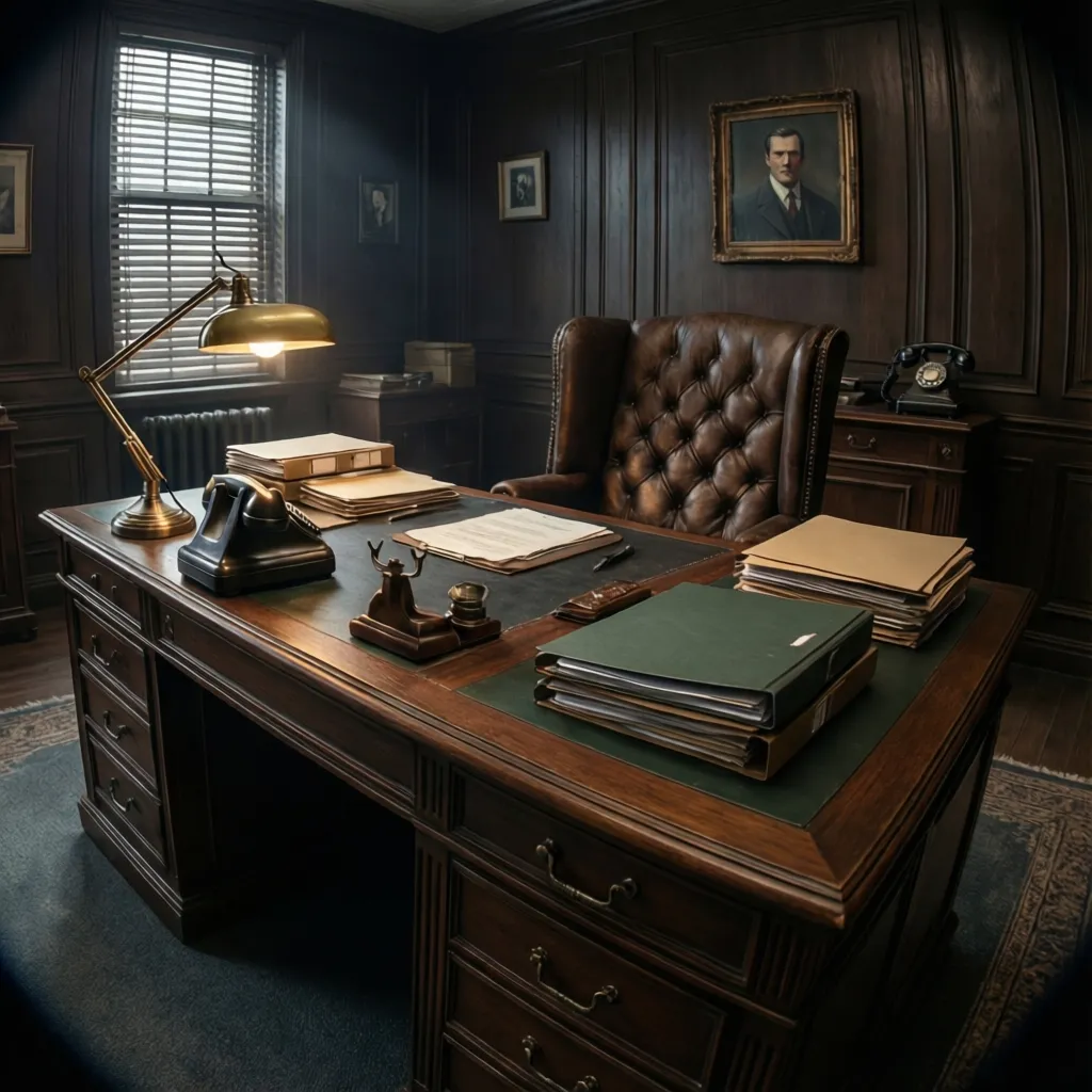 detective office desk with lamp files and vintage furniture