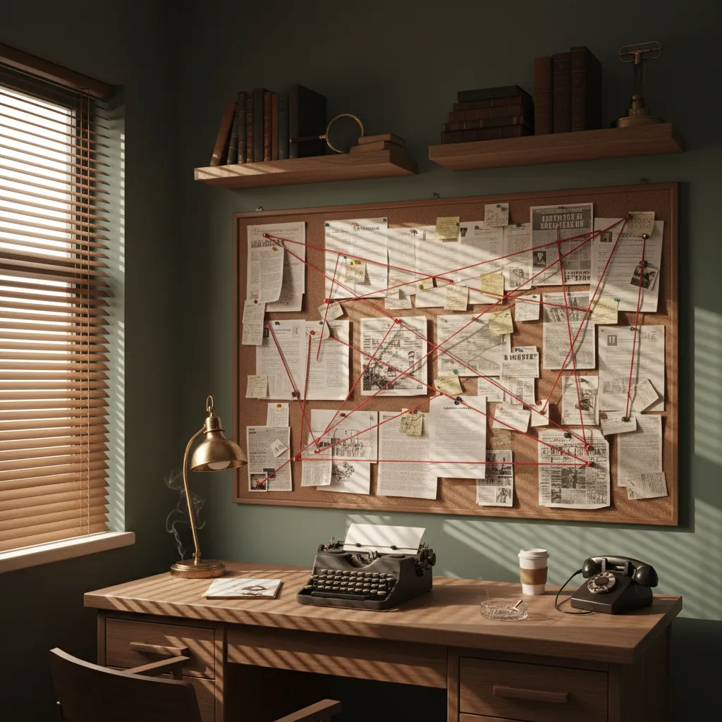 Detective office evidence board wall with notes photos and shelves above desk