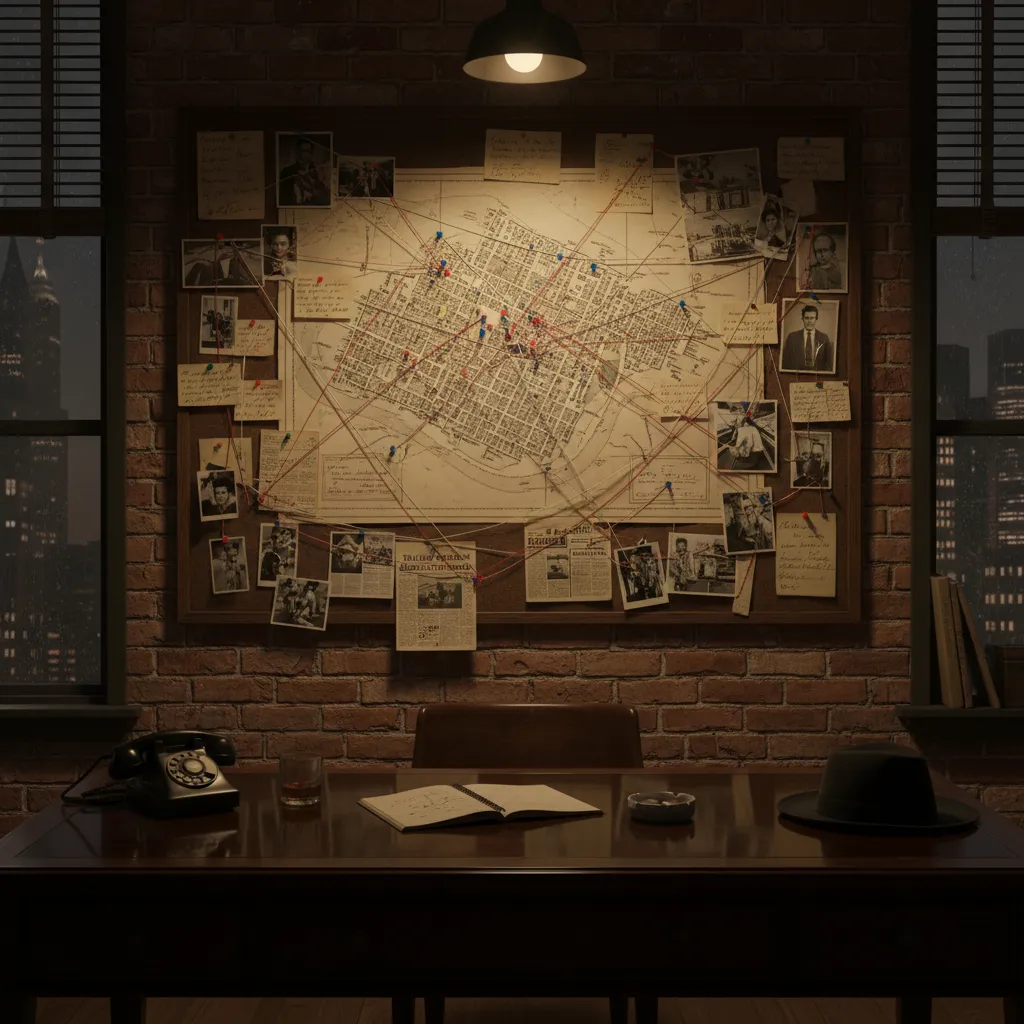 detective office evidence board with photos and map