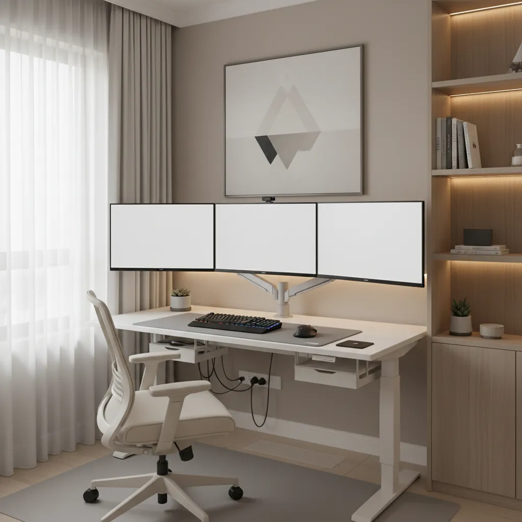 developer home office setup with triple monitors ergonomic desk and minimal design