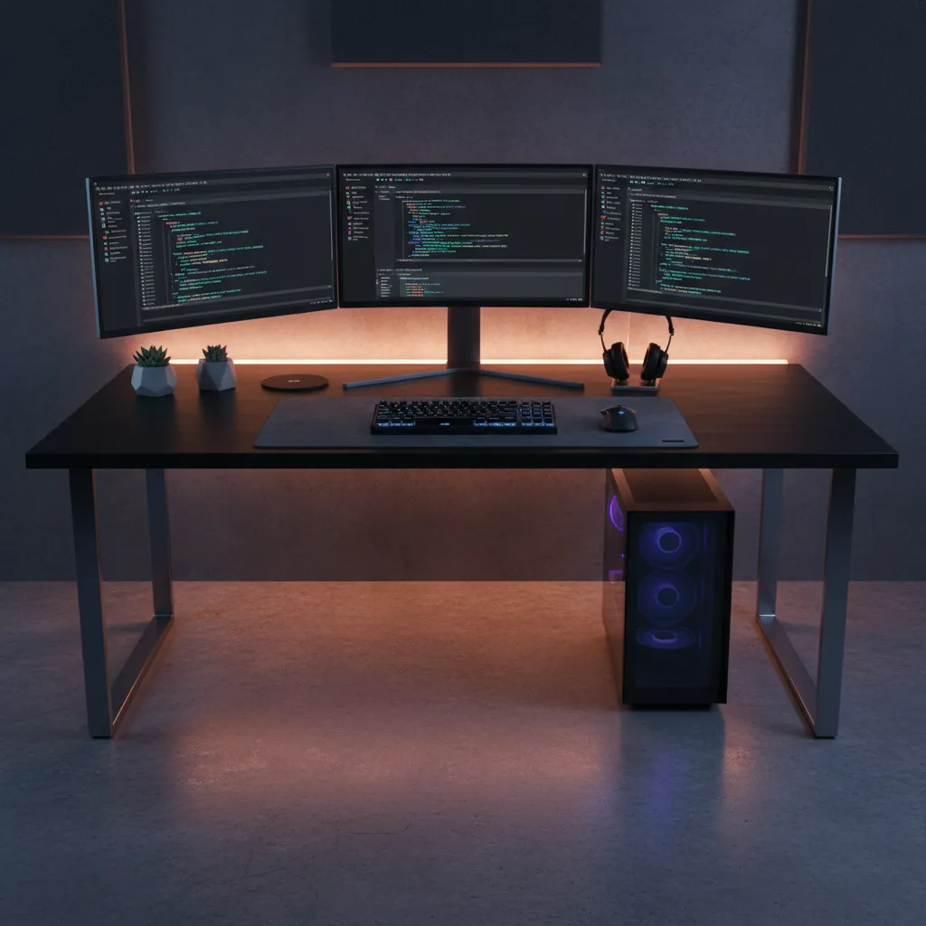 software developer workstation with three monitors and mechanical keyboard