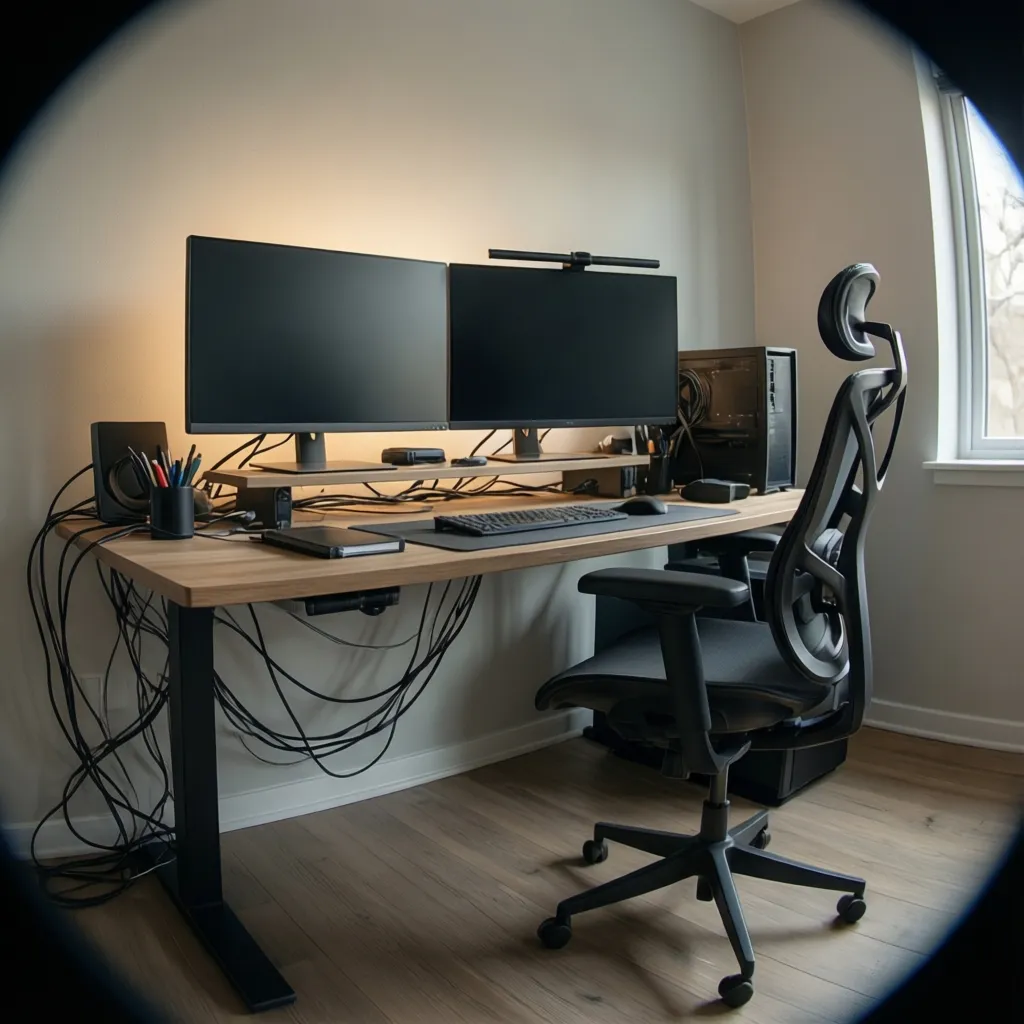 minimalist developer workstation with dual monitors and ergonomic desk