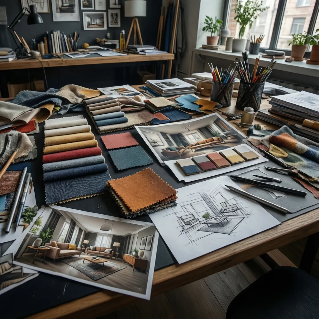 Mood board with textures colors furniture references for interior design style development