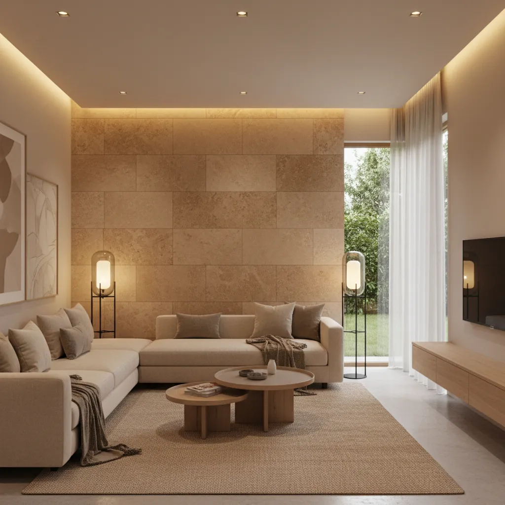 Living room feature wall using Dholpuri wall tiles behind a sofa