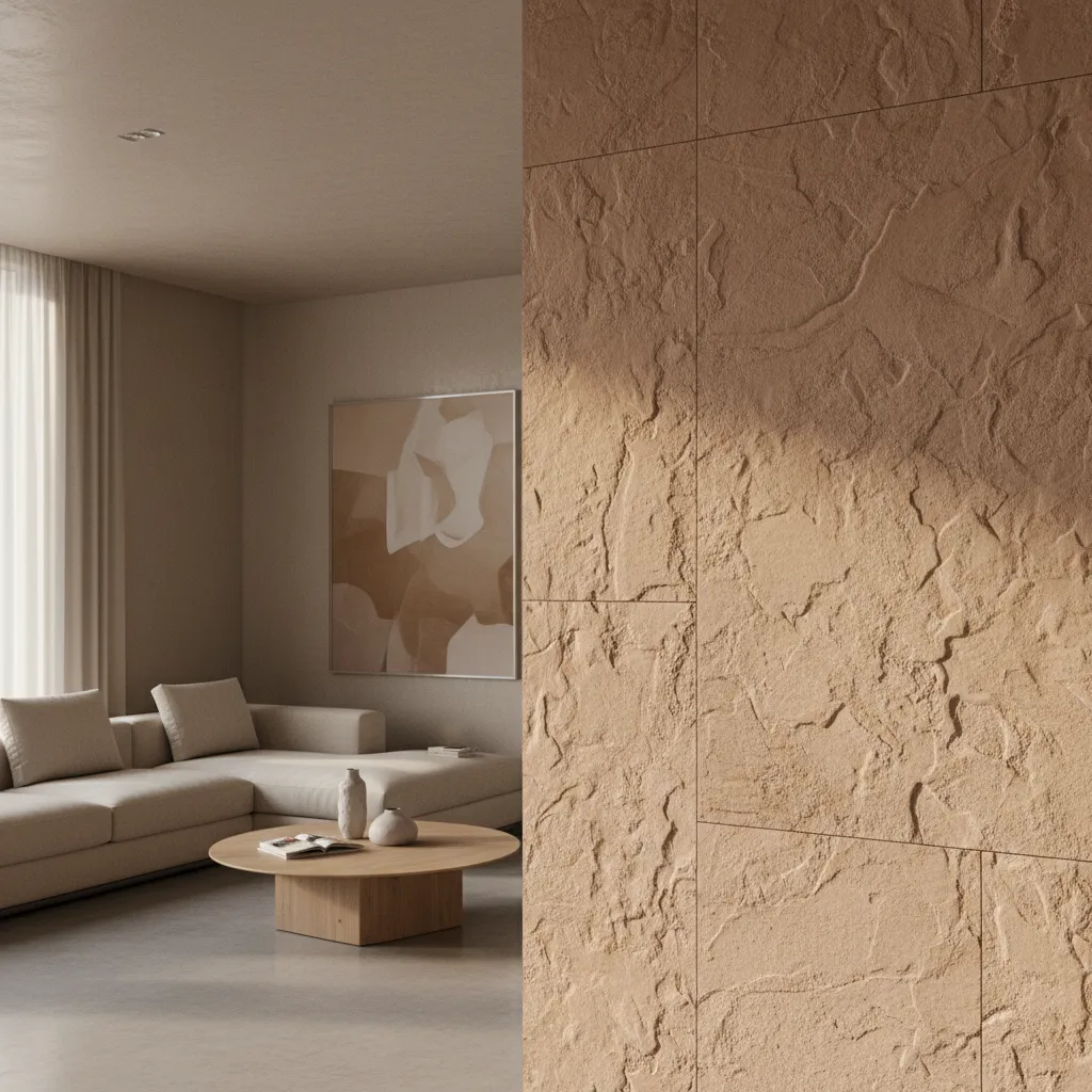 Close view of Dholpuri wall tiles texture in a contemporary interior wall