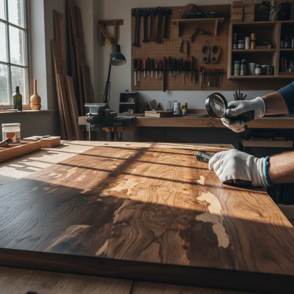 side lighting revealing uneven wood stain patterns