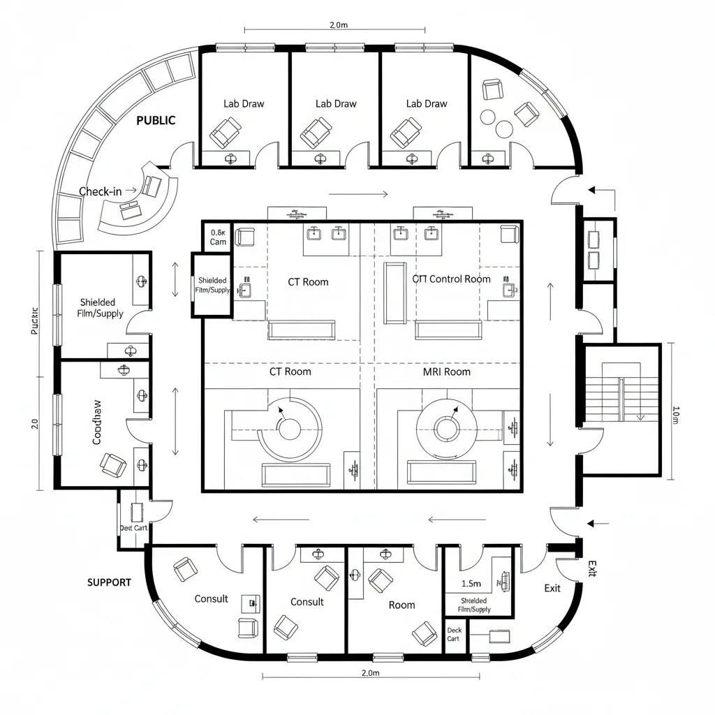 Medical facility floor plan featuring a central CT room surrounded by various labs and consults