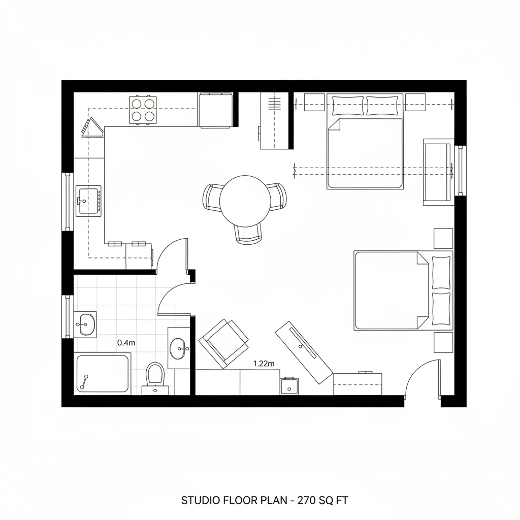 2D CAD floor plan with 45-degree corner kitchen and oblique living zones