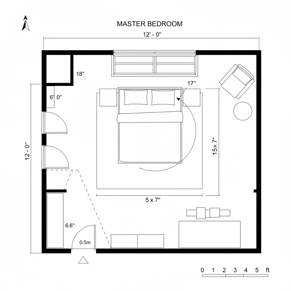 Top-down CAD plan of a 12x14 bedroom with diagonal bed and corner nook