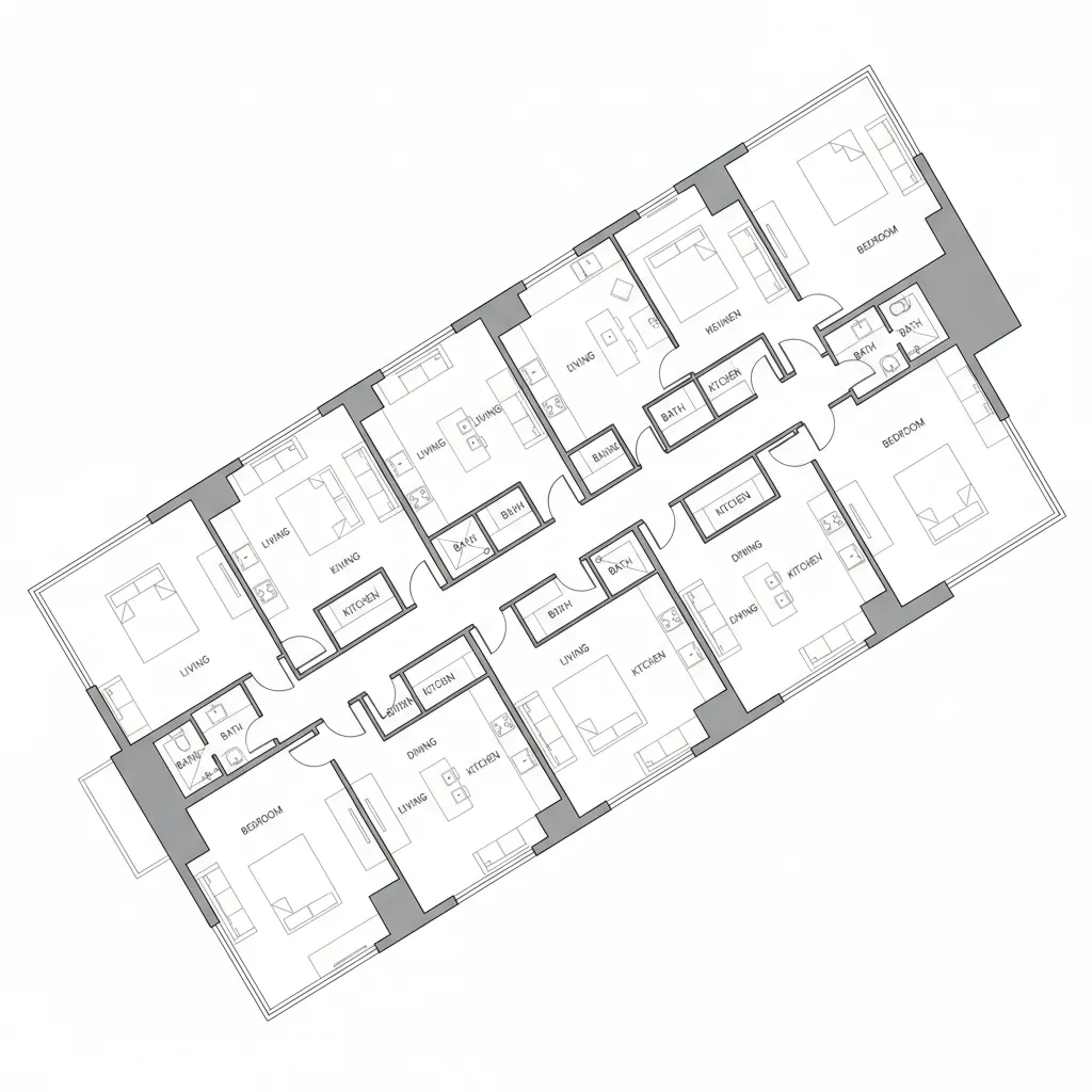 architectural building plan with rotated apartment units responding to site