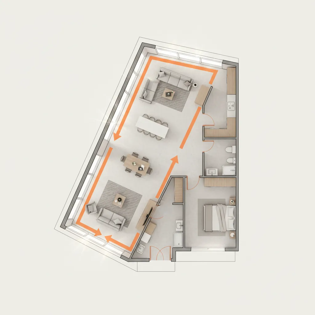 Apartment floor plan showing circulation path around angled walls