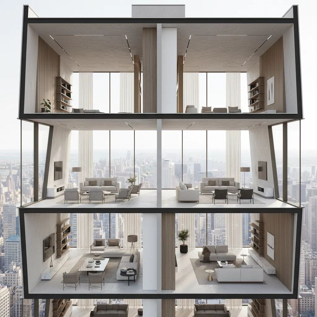Interior design drawing of a modern tower showing multiple furnished apartment levels with city views