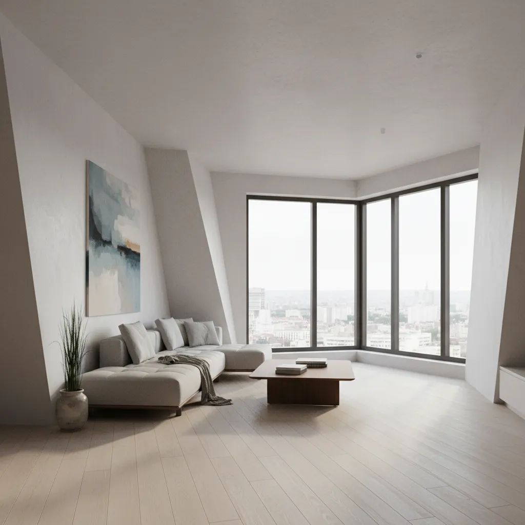 Modern living room interior design drawing with grey sofa wooden floor coffee table and windows