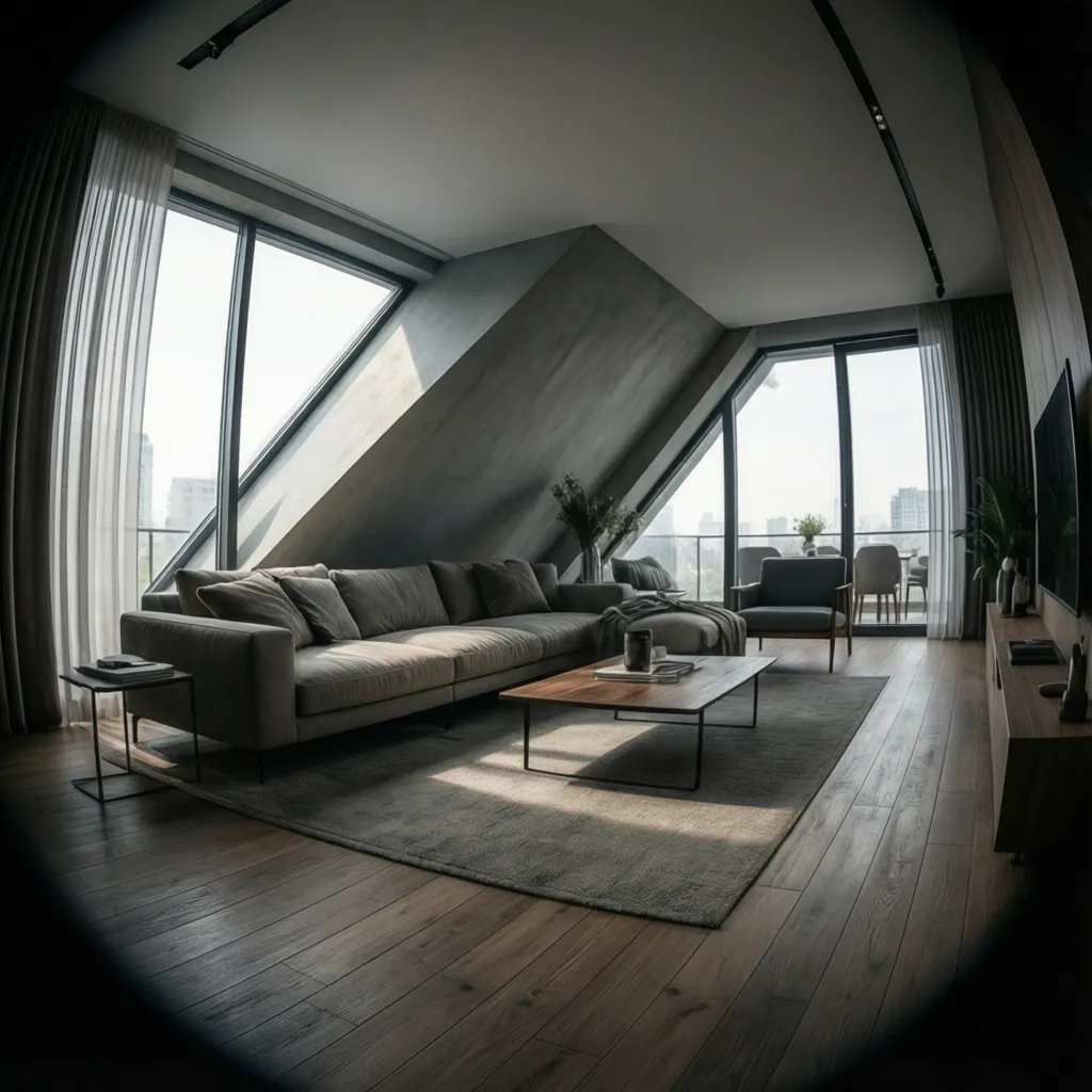 living room in an apartment with diagonal wall layout and large windows