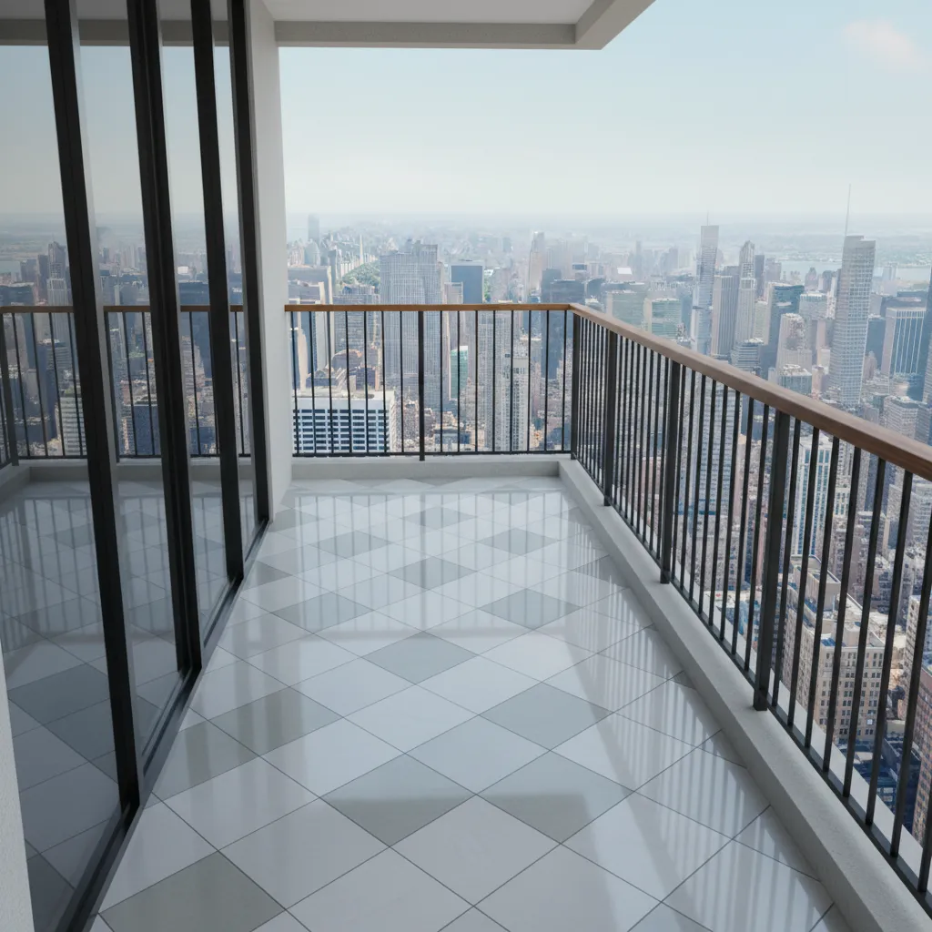 Diagonal tile layout on a narrow apartment balcony floor