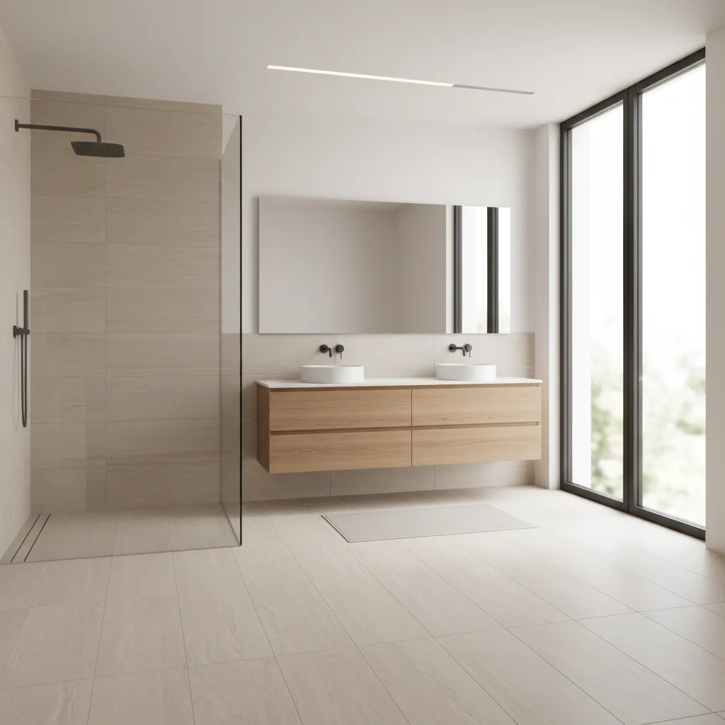 Beige bathroom with glass shower wooden cabinet double sinks mirror and floor to ceiling windows