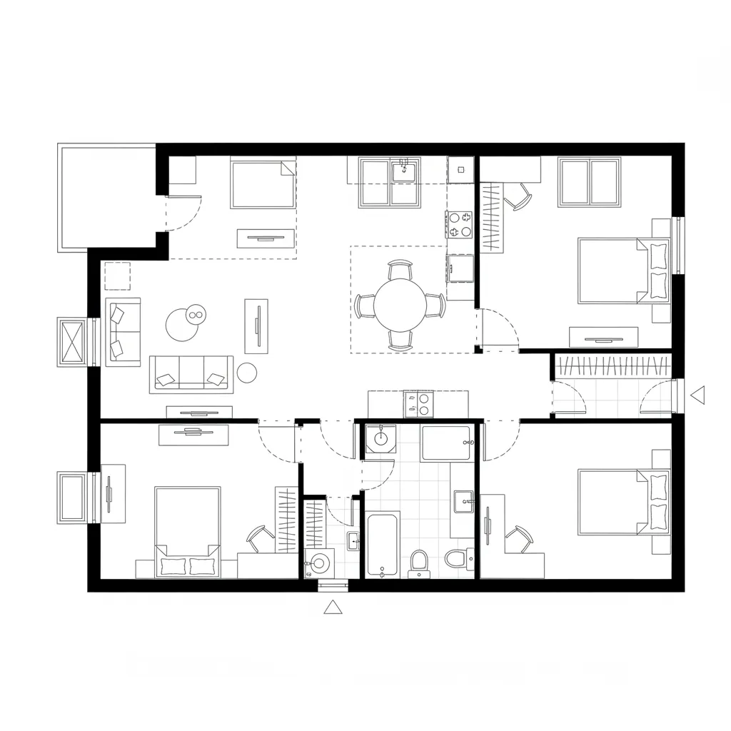 Three bedroom house floor plan showing living room dining area kitchen and two bathrooms interior layout