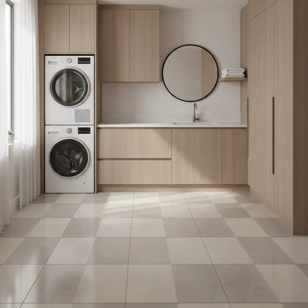 Laundry room with diagonal checkerboard tile layout creating visual depth