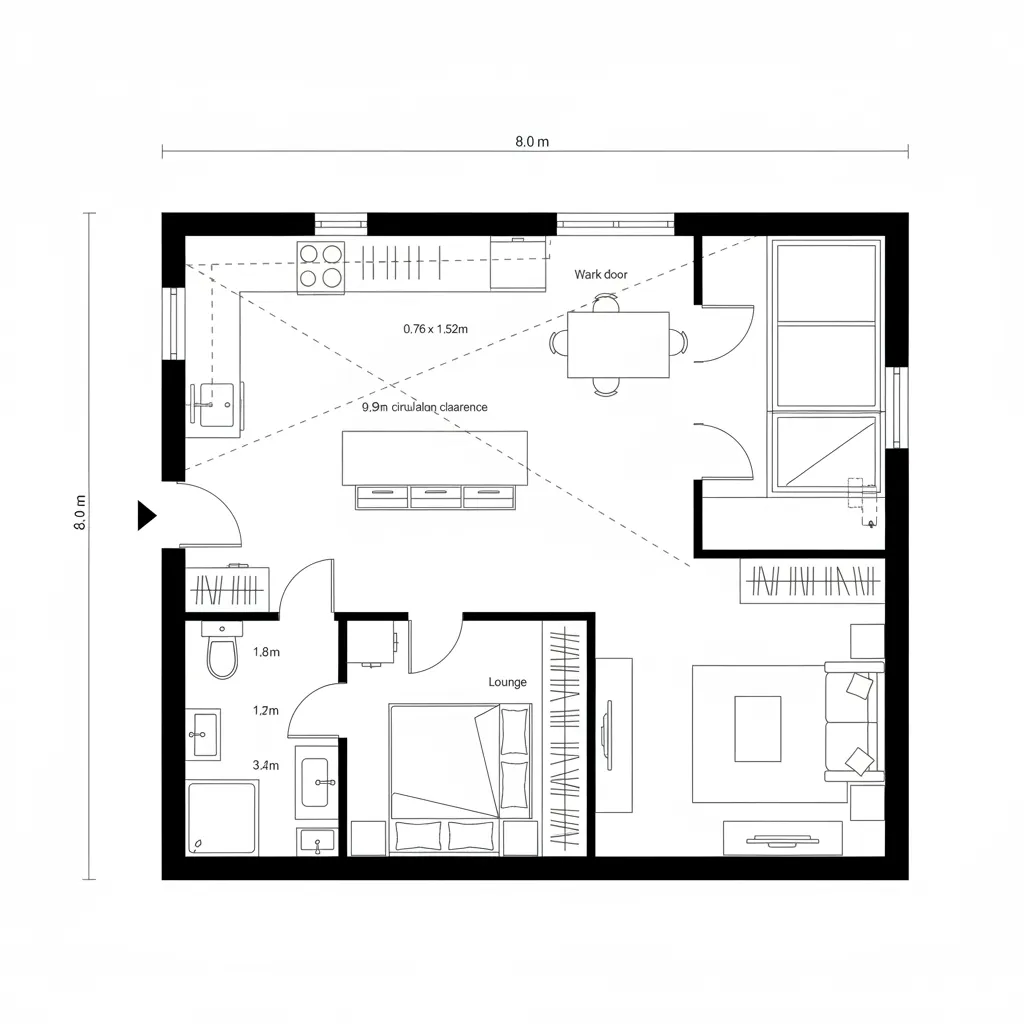 Top-down CAD plan with 45-degree daylight core aligning island, desk, seat