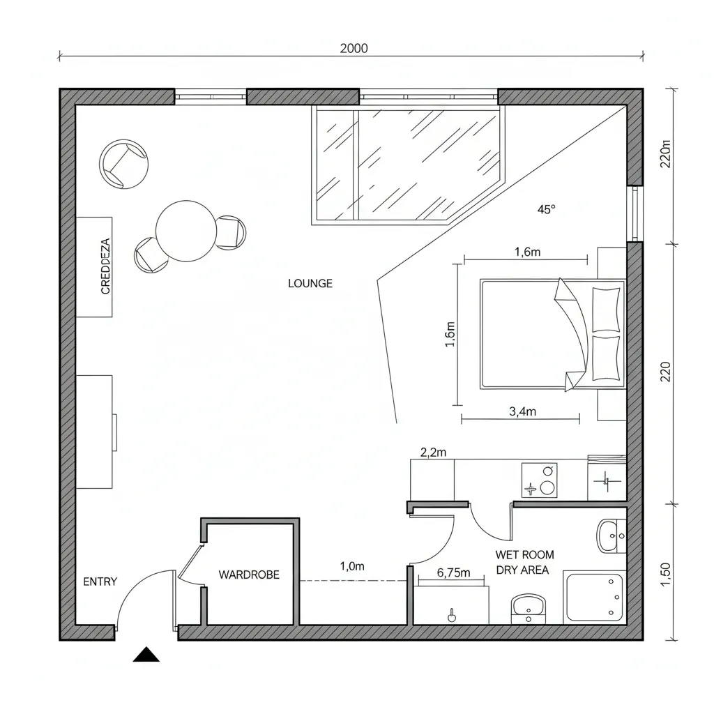 Orthographic CAD plan of a micro studio with a diagonal bed-wall datum and peripheral kitchen