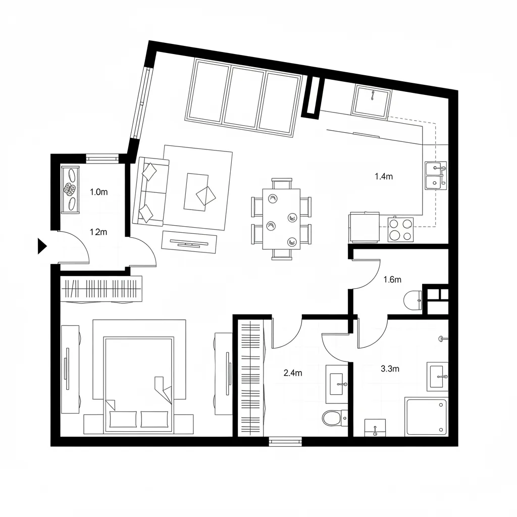 Top-down 2D plan with 15° rotated living core and L-shaped windowed kitchen