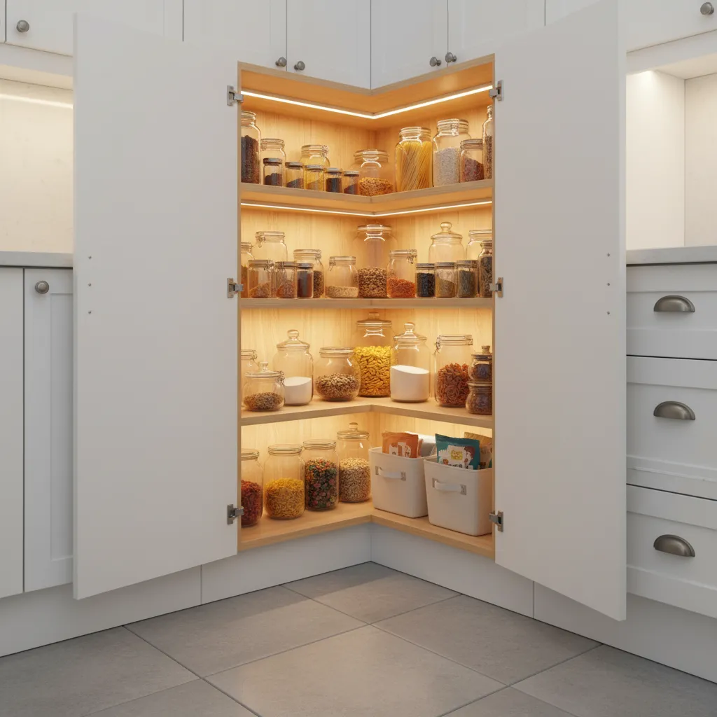 Diagonal corner kitchen pantry cabinet with shelves and organized food storage