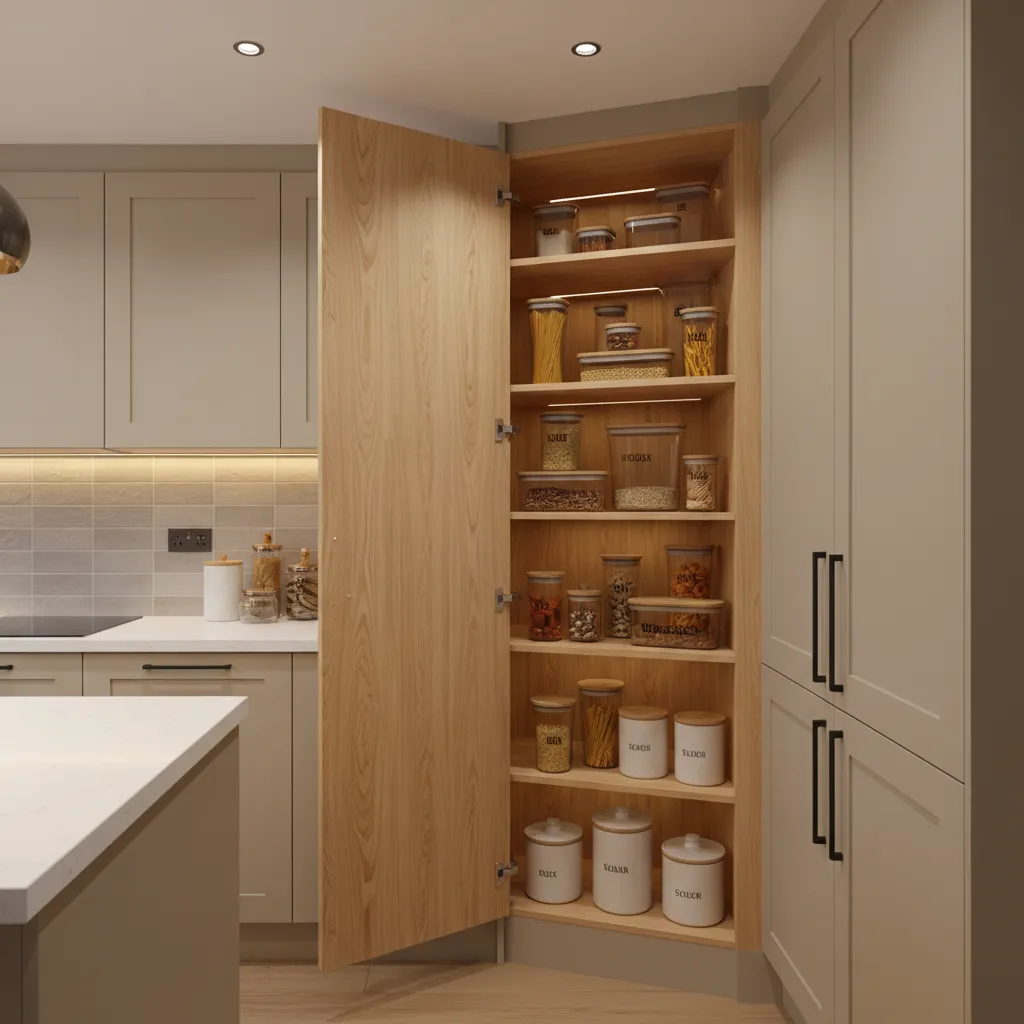 Diagonal corner pantry cabinet with angled door and organized interior shelves
