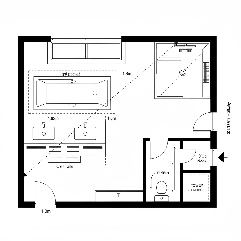 Top-down CAD plan with diagonal sightline and corner shower in 12x12 bath