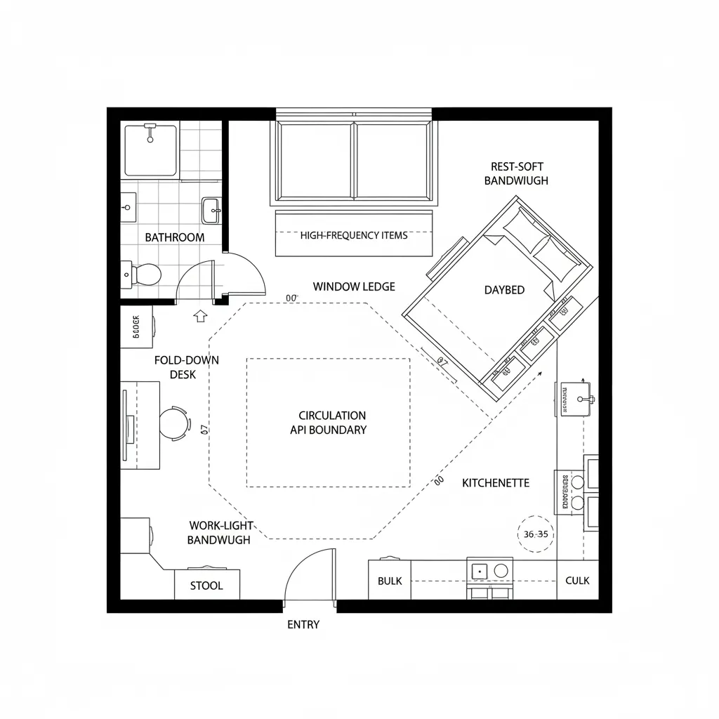 Small studio apartment room layout showing a bathroom, entry, kitchenette, desk, and diagonal daybed placement